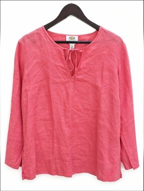 Talbots Pink 100% Linen Split Vneck With Soft Tie Detail Womens Petite Sz X (Lg)